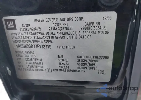 2007 Chevrolet Silverado 2500Hd Classic Lt3 from USA, damaged, VIN 1GCHK23D77F173710